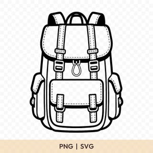 Puede incluir: Ilustración en blanco y negro de una mochila con cierre de solapa, bolsillos laterales y correas ajustables. La mochila tiene un asa superior y se asegura con hebillas. El texto "PNG | SVG" está en la parte inferior.