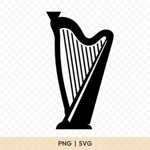 Könnte beinhalten: Schwarze Harfensilhouette mit geschwungenem Korpus und zahlreichen vertikalen Saiten. Die Harfe hat eine dreieckige Form und eine dekorative Spitze. Der Text "PNG | SVG" ist enthalten.