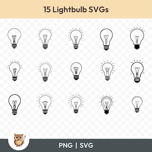 Paquete SVG de bombillas, imágenes prediseñadas de bombillas, 15 archivos de corte de bombillas para Cricut, PNG y SVG, archivos de corte de imágenes vectoriales, imprimibles