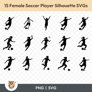 Pacchetto silhouette SVG di calciatrice, clipart di calciatrice, 15 file di taglio di calcio femminile per Cricut, PNG e SVG, immagini vettoriali