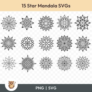 スター マンダラ SVG バンドル、スター マンダラ クリップアート、Cricut 用 15 個のスター マンダラ カット ファイル、PNG および SVG、ベクター画像カット ファイル、印刷可能