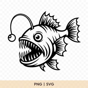 以下が含まれることがあります： 鋭い歯と光るルアーを持つチョウチンアンコウの白黒イラスト。魚には詳細なヒレがあり、不気味な表情をしています。画像の下部には「PNG | SVG」というテキストが含まれています。