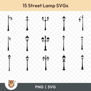 Straatlantaarn SVG-bundel, lamp clipart, 15 straatlantaarn gesneden bestanden voor Cricut, PNG en SVG, gesneden vectorafbeeldingsbestanden, afdrukbaar