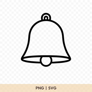 May include: A black and white line drawing of a bell. The bell has a rounded top with a loop and a flared bottom with a small ball at the base. The text "PNG | SVG" is below the bell.