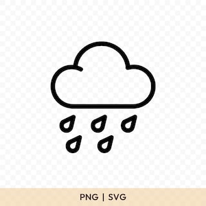 Peut inclure: Dessin au trait noir et blanc d'un nuage avec des gouttes de pluie. Le nuage est une forme arrondie avec un contour épais. En dessous, quatre gouttes de pluie en forme de goutte d'eau tombent. Les mots "PNG | SVG" sont en bas.