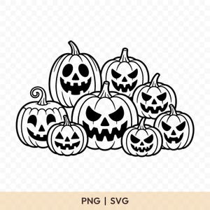 May include: A black and white illustration featuring a collection of carved pumpkins with different expressions. The pumpkins vary in size and shape, suitable for Halloween. The image includes the text "PNG | SVG".