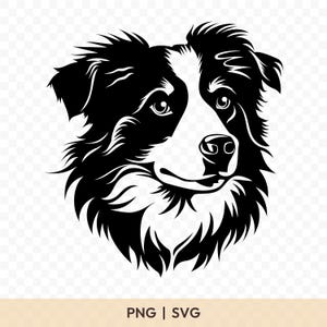 May include: A black and white graphic of a Border Collie dog's head. The dog's fur is detailed with sharp lines, and the image includes the text "PNG | SVG" at the bottom.
