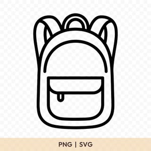 Puede incluir: Un dibujo lineal en blanco y negro de una mochila. La mochila tiene un bolsillo frontal, correas para los hombros y un asa superior. El texto "PNG | SVG" está en la parte inferior.