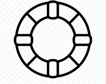 May include: A black and white life preserver icon. The life preserver is a ring shape with four rectangular sections and eight connecting bars. The words "PNG | SVG" are at the bottom.