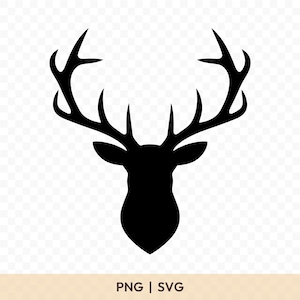 May include: A black silhouette of a deer head with large antlers. The deer's head is facing forward, and the antlers are spread wide. The image has the text "PNG | SVG" at the bottom.