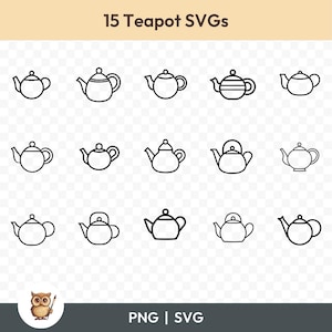 Theepot SVG-bundel, eenvoudige theepot-clipart, 15 theepot-overzicht gesneden bestanden voor Cricut, PNG en SVG, gesneden vectorafbeeldingsbestanden, afdrukbaar