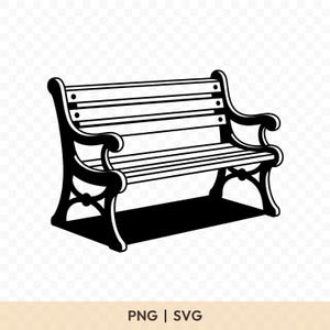 Puede incluir: Ilustración en blanco y negro de un banco de parque. El banco tiene un asiento y respaldo de listones, con reposabrazos curvos y soportes decorativos. La imagen incluye el texto "PNG | SVG" en la parte inferior.