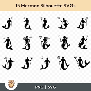 Può includere: Quindici silhouette nere di tritoni che tengono tridente in SVG. I tritoni sono in varie pose, alcuni con i capelli lunghi e altri con i capelli corti. I tridente sono tutti dello stesso design.