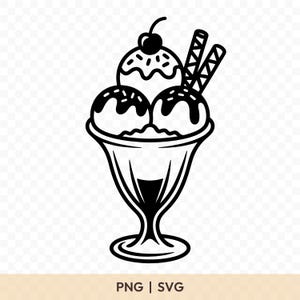 May include: Black and white illustration of an ice cream sundae in a glass bowl. The sundae has three scoops of ice cream, chocolate sauce, sprinkles, a cherry, and two wafer sticks. The text "PNG | SVG" is at the bottom.