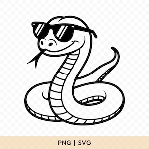 Könnte beinhalten: Schwarz-weiße Cartoon-Illustration einer Schlange mit Sonnenbrille. Die Schlange lächelt und streckt die Zunge heraus. Das Bild ist eine PNG- und SVG-Datei.