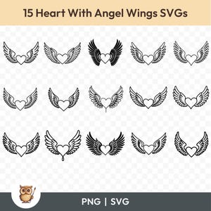 Hart met engelenvleugels SVG-bundel, hart met vleugels clipart, 15 engelenvleugels hart gesneden bestanden voor Cricut, PNG en SVG, gesneden vectorafbeeldingsbestanden