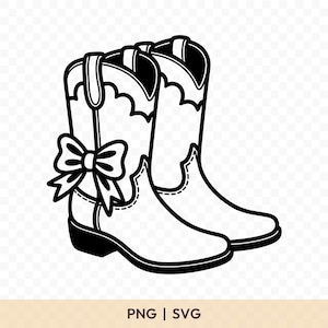 May include: A black and white illustration of two cowboy boots. One boot is adorned with a bow. The boots have a scalloped top edge and decorative stitching. The image includes the text "PNG | SVG".