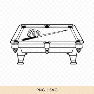 May include: Black and white illustration of a pool table with a rack of billiard balls, a pool cue, and the text "PNG | SVG". The table has pockets and decorative trim.