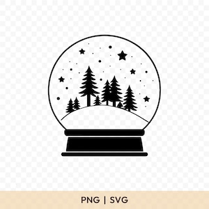 May include: Black and white illustration of a snow globe. Inside the globe are stylized evergreen trees on a small hill, with stars and dots scattered throughout. The base of the snow globe is a solid black color. The text "PNG | SVG" is at the bottom.