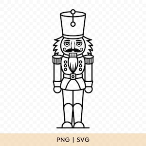 May include: Black and white line art illustration of a traditional nutcracker soldier. The nutcracker is wearing a tall hat, uniform, and has a long mustache and beard. The image includes the text "PNG | SVG".