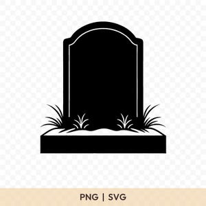 May include: A black and white illustration of a tombstone with a curved top and grass at the base. The words "PNG | SVG" are at the bottom of the image.