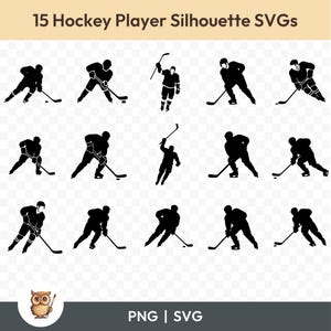 Pacote SVG de silhueta de jogador de hóquei, clipart de jogador de hóquei, 15 arquivos de corte de jogador de hóquei para Cricut, PNG e SVG, arquivos de corte de imagem vetorial
