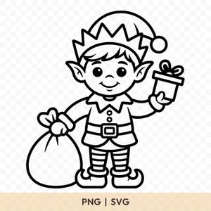 Puede incluir: Ilustración en blanco y negro de un elfo de dibujos animados con un gorro puntiagudo con una campana, sosteniendo una caja de regalo y un saco. El elfo está sonriendo y lleva un cinturón con una hebilla cuadrada. La imagen incluye el texto "PNG | SVG".