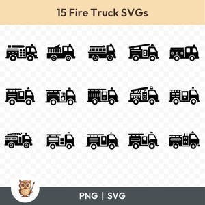 May include: A set of 15 black and white fire truck SVGs. The fire trucks are all facing the right and have different ladder configurations. The SVGs are on a transparent background.