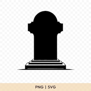 May include: A black silhouette of a tombstone with a rounded top and a rectangular base. The tombstone has a classic design with decorative elements. The bottom of the image contains the text "PNG | SVG".