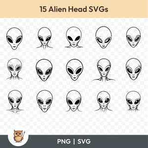 Könnte beinhalten: Set mit 15 Schwarzweiß-SVG-Illustrationen von Alien-Köpfen. Die Alien-Köpfe haben große Augen und verschiedene Gesichtsausdrücke.