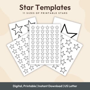 May include: Several white paper templates with black star outlines. The image includes the text "Star Templates" and "11 SIZES OF PRINTABLE STARS". The bottom of the image reads "Digital, Printable | Instant Download | US Letter".