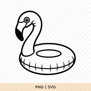 Peut inclure: Illustration en noir et blanc d'une bouée gonflable en forme de flamant rose. La bouée a un design circulaire avec un trou au centre. La tête et le cou du flamant rose sont courbés, avec un œil et un bec détaillés. Le texte "PNG | SVG" est en bas.