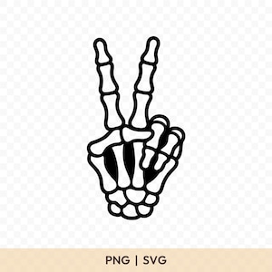 Può includere: Illustrazione in bianco e nero di una mano scheletrica che fa il segno della pace. L'indice e il medio sono alzati. L'immagine include il testo "PNG | SVG".