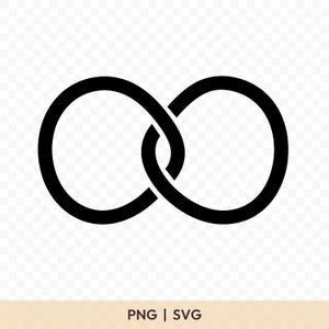 Puede incluir: Un símbolo de infinito negro, formado por dos círculos entrelazados. La imagen es un archivo PNG y SVG, como indica el texto en la parte inferior. Este símbolo gráfico se utiliza a menudo para representar la eternidad o lo ilimitado.