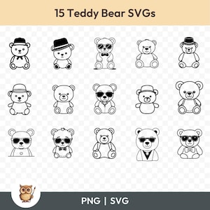 Teddy Bear SVG Bundle, Teddy Bear Clipart, 15 Teddy Bear Cut Files for Cricut, PNG and SVG, Vector Image Cut Files, Printable