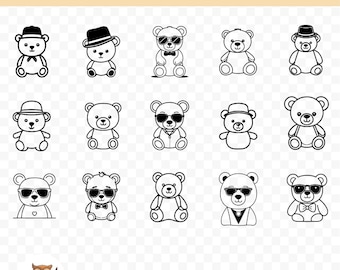Teddy Bear SVG Bundle, Teddy Bear Clipart, 15 Teddy Bear Cut Files for Cricut, PNG and SVG, Vector Image Cut Files, Printable