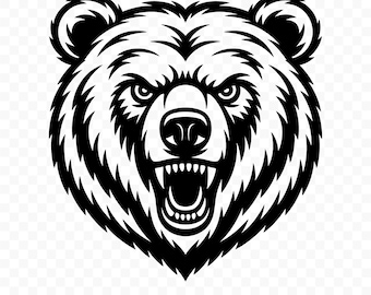 May include: A black and white illustration of a bear's head with an open mouth, bared teeth, and an angry expression. The bear's fur is detailed with lines, and the image includes the text "PNG | SVG" at the bottom.