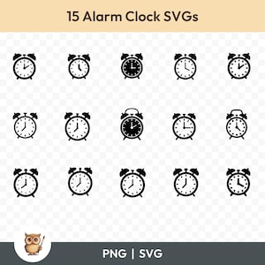 May include: A set of 15 black and white alarm clock icons. The icons are arranged in a grid of 5 rows and 3 columns. Each icon depicts a different style of alarm clock.