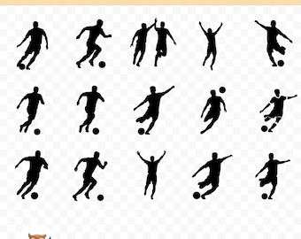 Soccer Player Silhouette SVG Bundle, Soccer Player Clipart, 15 Soccer Cut Files for Cricut, PNG and SVG, Vector Image Cut Files, Printable