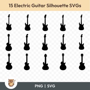 Elektrische gitaar silhouet SVG-bundel, elektrische gitaar clipart, 15 gitaar gesneden bestanden voor Cricut, PNG en SVG, vectorafbeelding gesneden bestanden