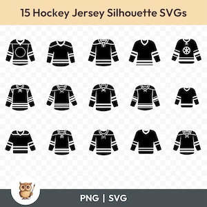 Peut inclure: Quinze silhouettes de chandails de hockey noirs et blancs. Les chandails ont des encolures, des styles de manches et certains ont un cercle ou une étoile au centre.