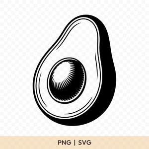 May include: Black and white illustration of a sliced avocado, showcasing the seed and the fruit's outline. The design is simple and graphic, with the text "PNG | SVG" at the bottom.