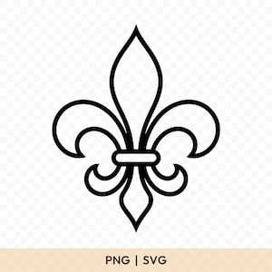 May include: Black outline of a fleur-de-lis symbol, a stylized lily flower. The design features three petals, a central vertical element, and curved side elements. The text "PNG | SVG" is at the bottom.