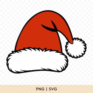 May include: A red Santa hat with a white fluffy trim and a white pom-pom at the end. The hat has a black outline and is set against a transparent background. The image includes the text "PNG | SVG".