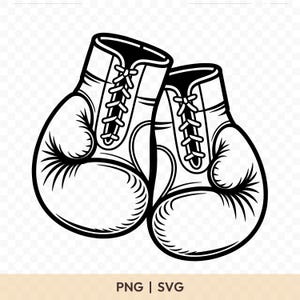 Può includere: Illustrazione in bianco e nero di un paio di guantoni da boxe. I guantoni sono allacciati e presentano un design classico. L'immagine include il testo "PNG | SVG" in basso.