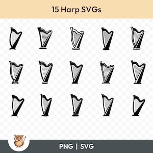 Könnte beinhalten: Eine Sammlung von 15 schwarzen Harfen-SVGs auf transparentem Hintergrund. Der Text "15 Harp SVGs" steht oben, und "PNG | SVG" steht unten. Eine Cartoon-Eulen-Illustration ist ebenfalls enthalten.