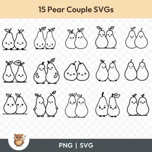 May include: Set of 15 black and white line art pear couple SVGs. Each pear has a cute cartoon face with eyes, a mouth, and a leaf on top. The pears are in various poses, including holding hands, hugging, and standing side by side.