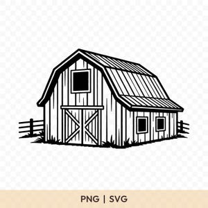 May include: Black and white illustration of a barn with a sloped roof, a large door, and several windows. A fence and grass are at the base of the barn. The text "PNG | SVG" is at the bottom.