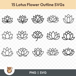 Pacchetto SVG di contorno del fiore di loto, Clipart del fiore di loto, 15 file di taglio del contorno del fiore di loto per Cricut, PNG e SVG, file di taglio di immagini vettoriali
