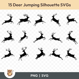 Op de afbeelding: Vijftien zwarte silhouetbeelden van springende herten in verschillende poses. De herten kijken in verschillende richtingen en hebben geweien. De afbeeldingen zijn op een transparante achtergrond.